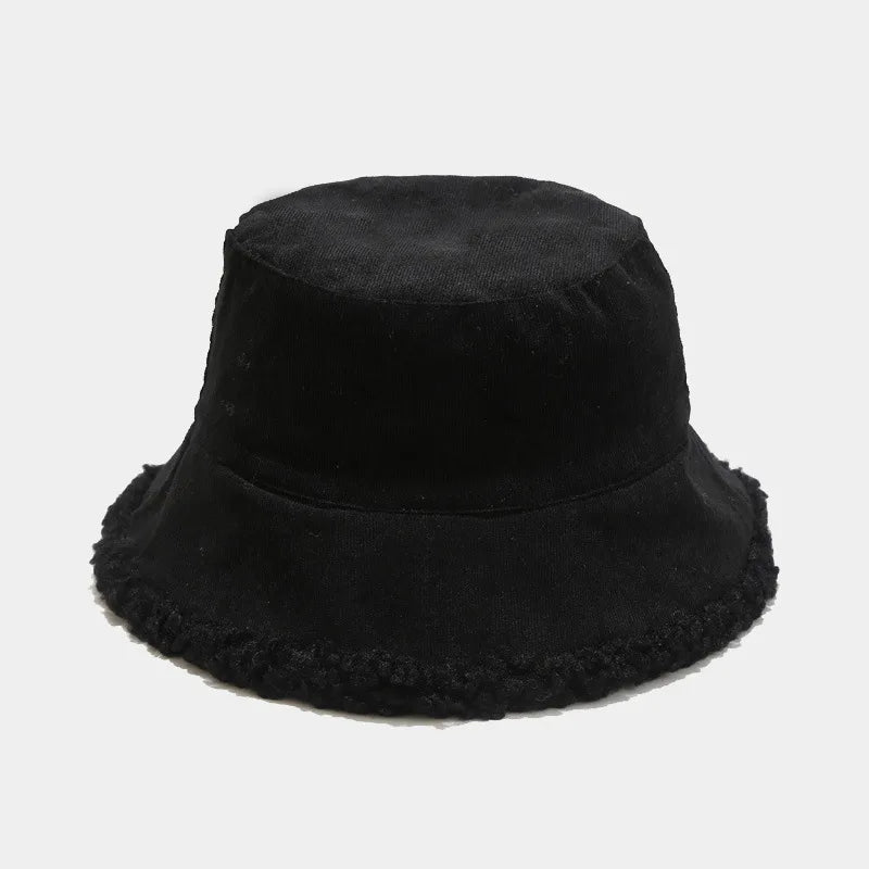 Reversible Faux Fur Bucket Hat Women Winter Lamb Wool Fleece Cap Corduroy Fisherman Hats