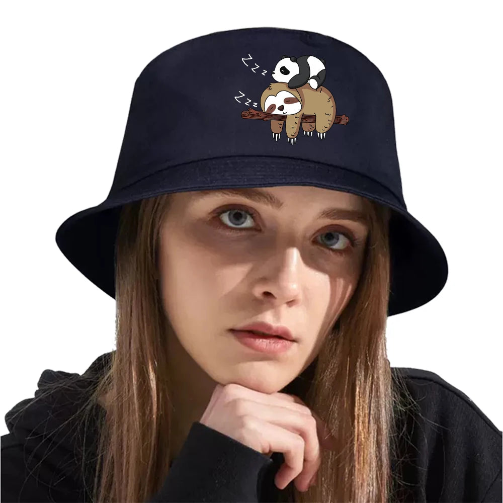 Lazy Panda And Sloth Cartoon Print Men Bucket Hats Fashion Cotton Women Panama Hat
