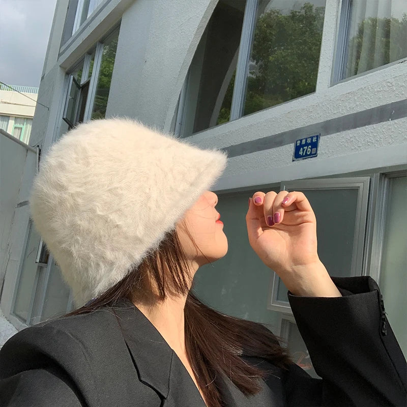 New Hat Winter Women's Fashion Solid Color Rabbit Fur Hat Bucket Cap