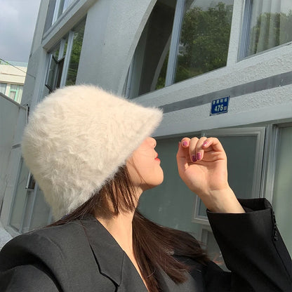 New Hat Winter Women's Fashion Solid Color Rabbit Fur Hat Bucket Cap