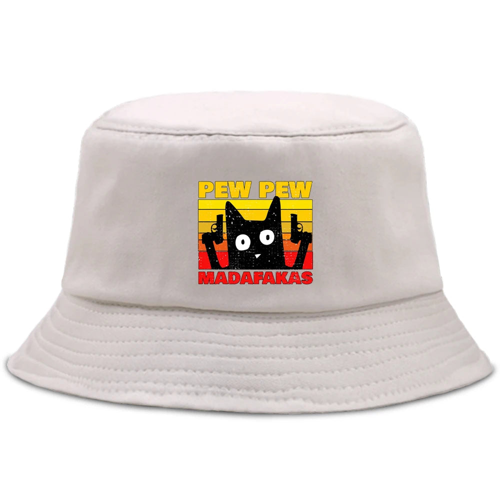 Pew Pew MADAFAKAS Black Cat Bucket Caps Women Street Beach Sun Hat Hip Hop Casual Fisherman Hats Men