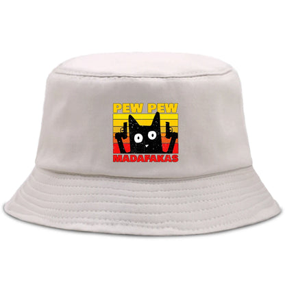 Pew Pew MADAFAKAS Black Cat Bucket Caps Women Street Beach Sun Hat Hip Hop Casual Fisherman Hats Men