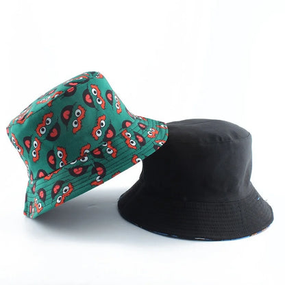Vintage Printed Fishing Hat Summer Reversible Cartoon Bucket Hats For Women Men
