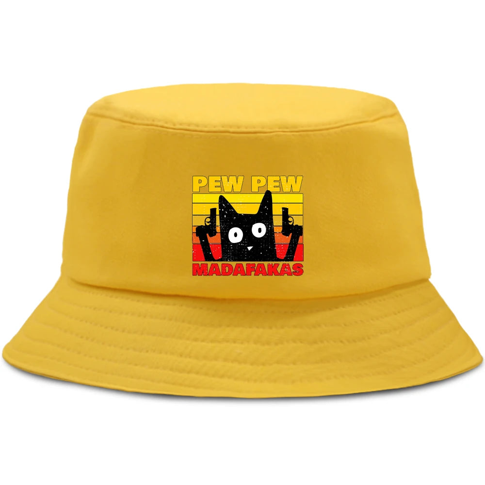 Pew Pew MADAFAKAS Black Cat Bucket Caps Women Street Beach Sun Hat Hip Hop Casual Fisherman Hats Men