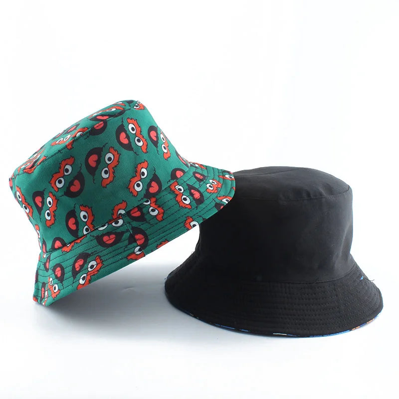Vintage Printed Fishing Hat Summer Reversible Cartoon Bucket Hats For Women Men