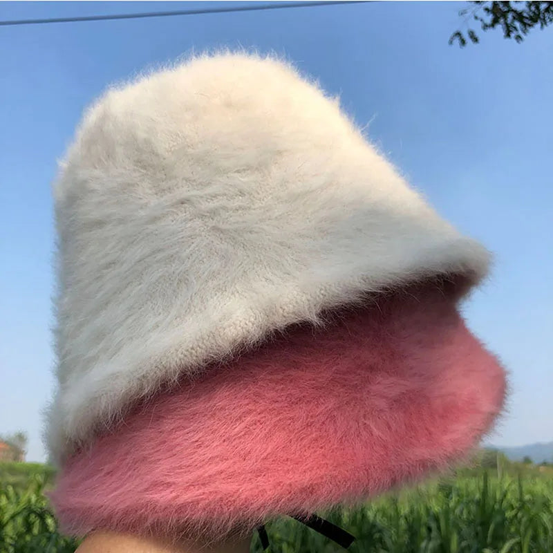 New Hat Winter Women's Fashion Solid Color Rabbit Fur Hat Bucket Cap