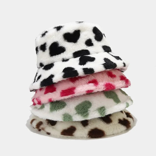 Winter Heart Print Faux Fur Fluffy Bucket Hat Women Outdoor Warm Hats