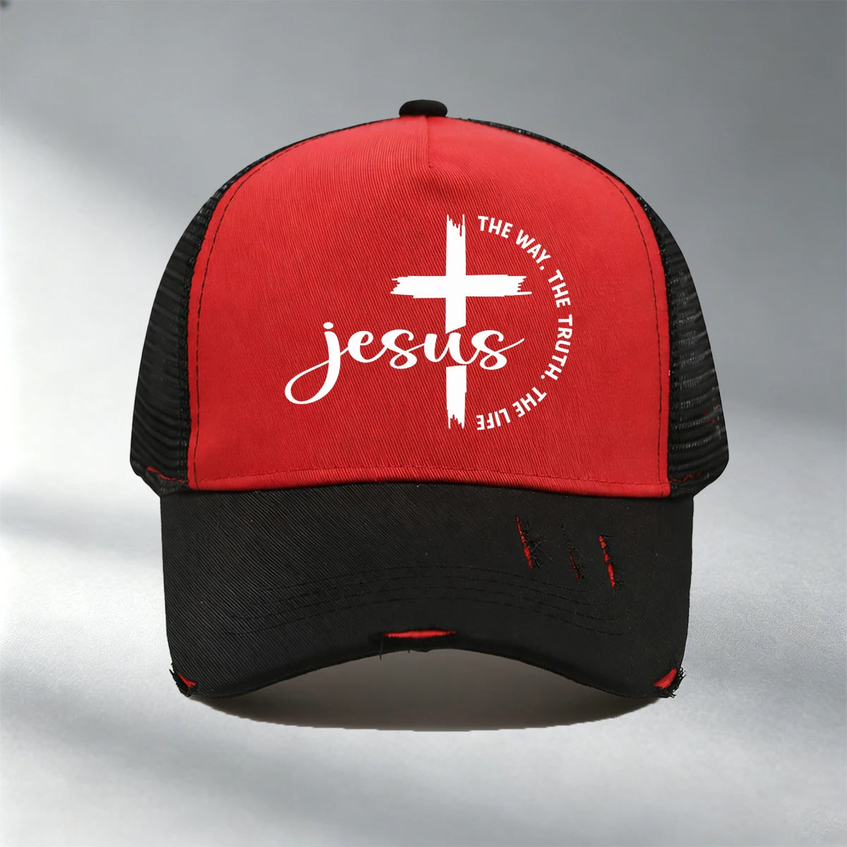 Christian Jesus Cross Print Color Block Mesh Baseball Cap