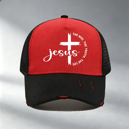 Christian Jesus Cross Print Color Block Mesh Baseball Cap