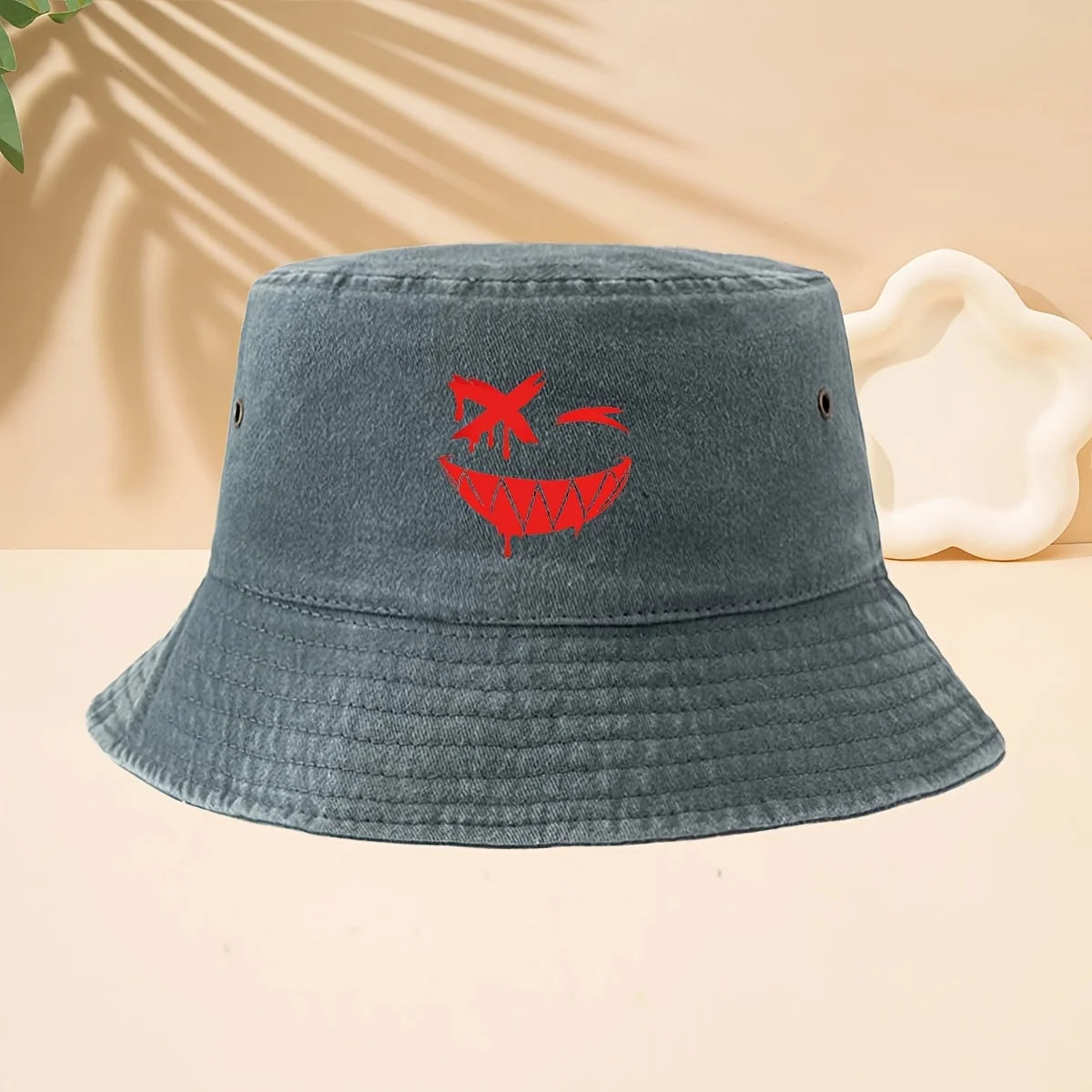FiFunny Smiley Face Pattern American Retro Dark Funny High Street Style Bucket Hat