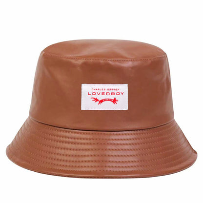 Unisex LOVERBOY Letter Sewing Label Personality Pu Leather Bucket Hats Fishermen Caps Sunscreen Hat