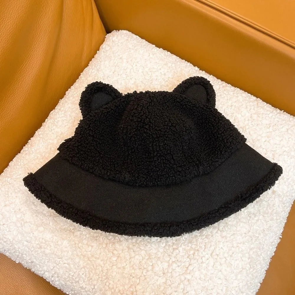 Korean Style Fuzzy Winter Bucket Hat Windproof Fluffy Plush Warm Hats