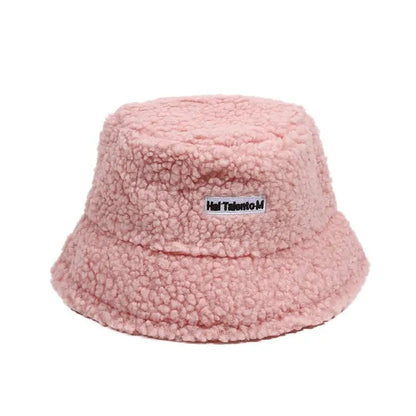 Winter Girl Boy Bucket Hat Cute Lamb Wool Letter Fisherman