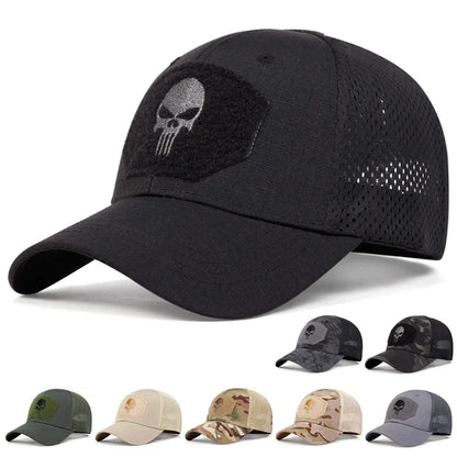 Unisex Skull Embroidered Baseball Caps Men Outdoor Breathable Mesh Tactics Mountaineering Peaked Hat