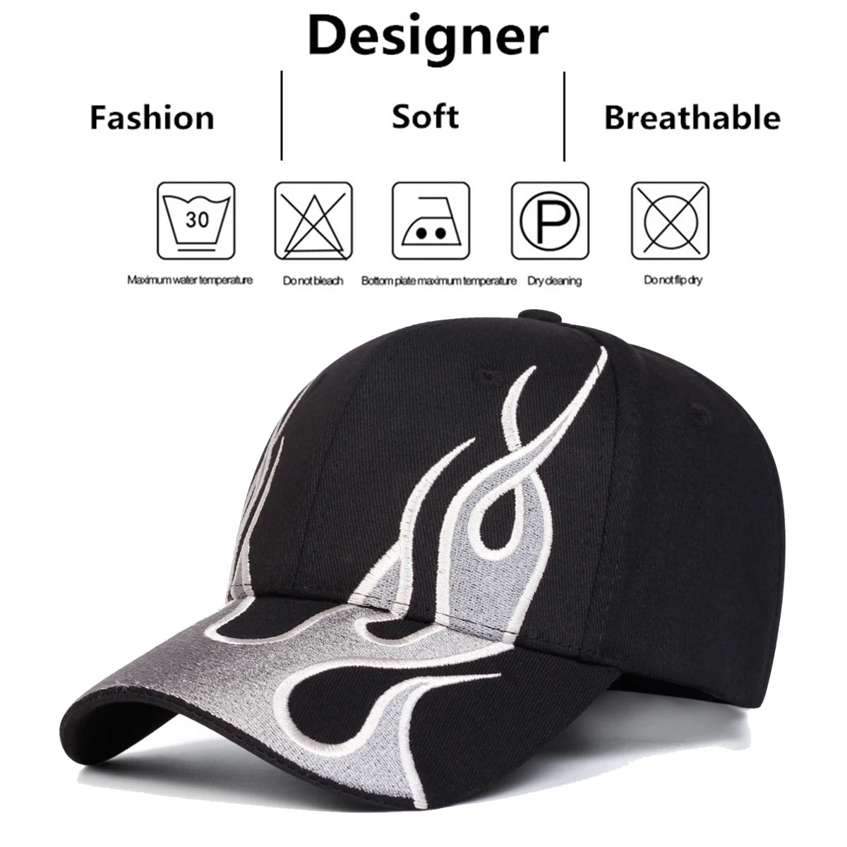 Unisex Flame Embroidery Baseball Caps Adjustable Casual Hats Spring And Autumn