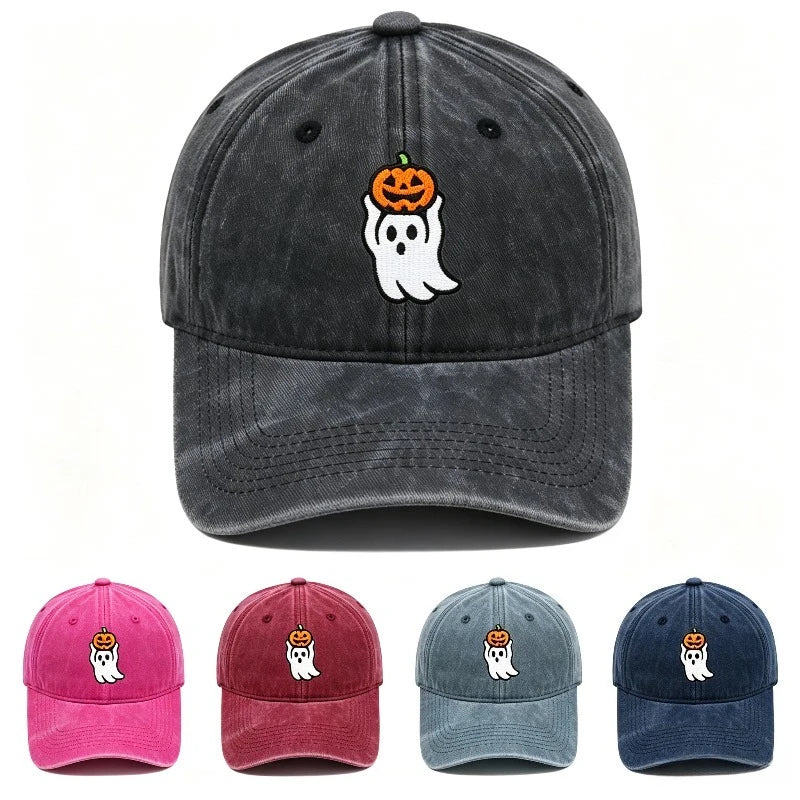 Vintage Washed Cute Ghost Holding Pumpkin Embroidery Baseball Cap