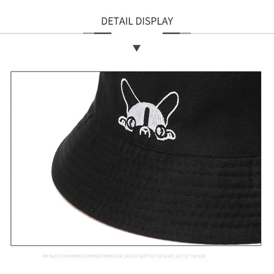 Portable Double-sided Wear Bucket Hat Cute Dog Embroidered Japanese Style