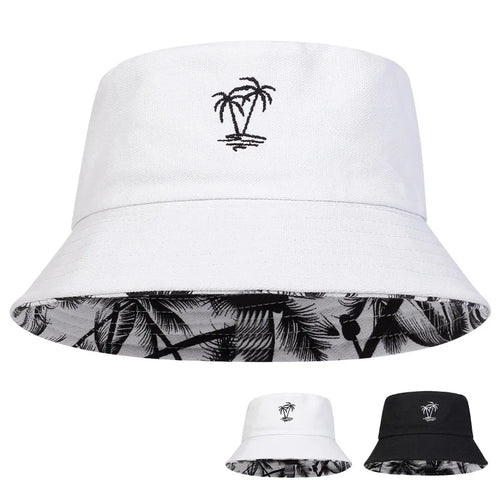 Unisex Coconut Tree Embroidery Double Sided Wearing Bucket Hats