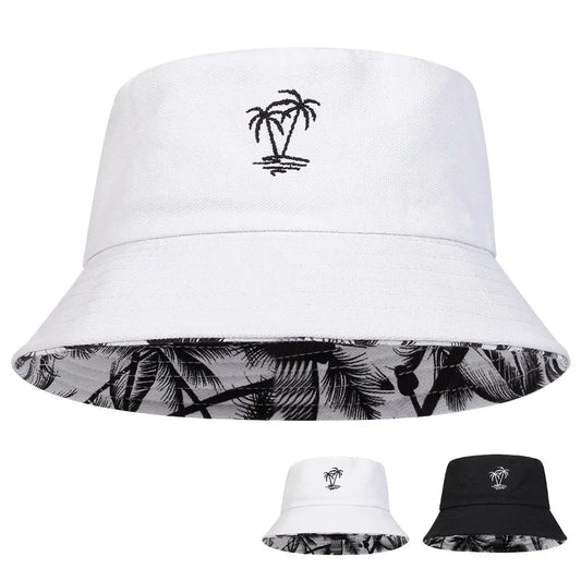 Unisex Coconut Tree Embroidery Double Sided Wearing Bucket Hats