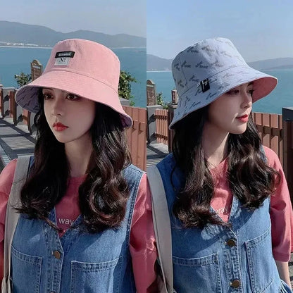 Double-Sided Wear Women Bucket Hat Korean Fashion Letter Print Fisherman Hats For Girl