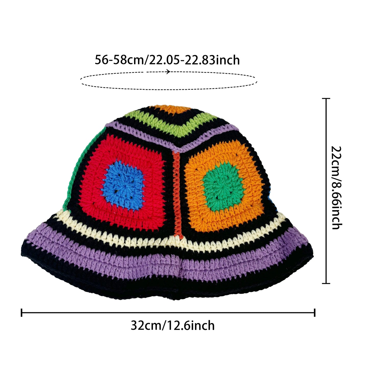 Purple-Edged Zuma Hat, Hand-Knitted Colorful Patchwork Crochet Bucket Hat