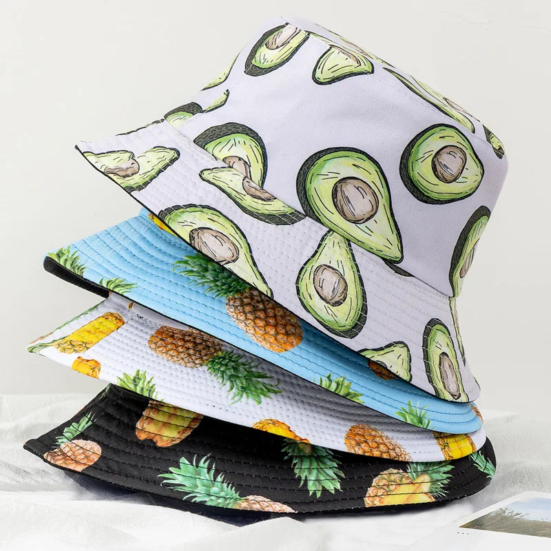 Unisex Bucket Hats Summer Double-Sided Wear Fruit Printing Men Women