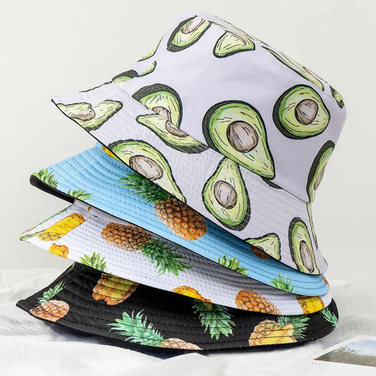 Unisex Bucket Hats Summer Double-Sided Wear Fruit Printing Men Women