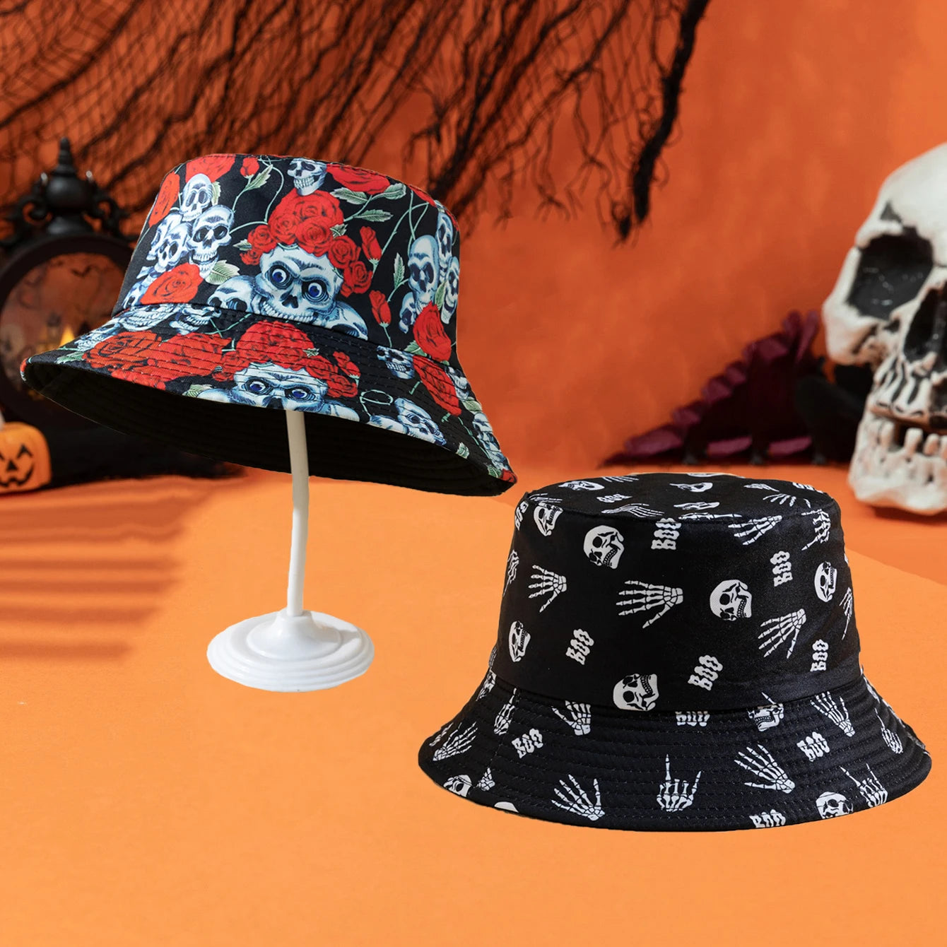 Cross-border Halloween Atmosphere, Fashionable Printed Rose Finger Skull Bucket Hat