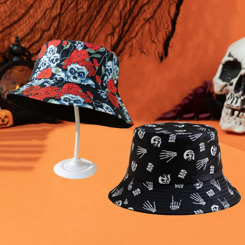 Cross-border Halloween Atmosphere, Fashionable Printed Rose Finger Skull Bucket Hat