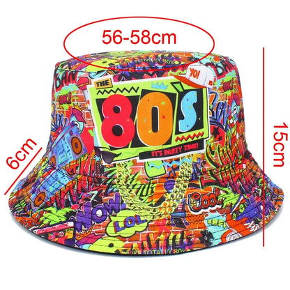 Bucket Hat 80s Printing Double Sided Flat Top Bob Panama Caps For Men Women
