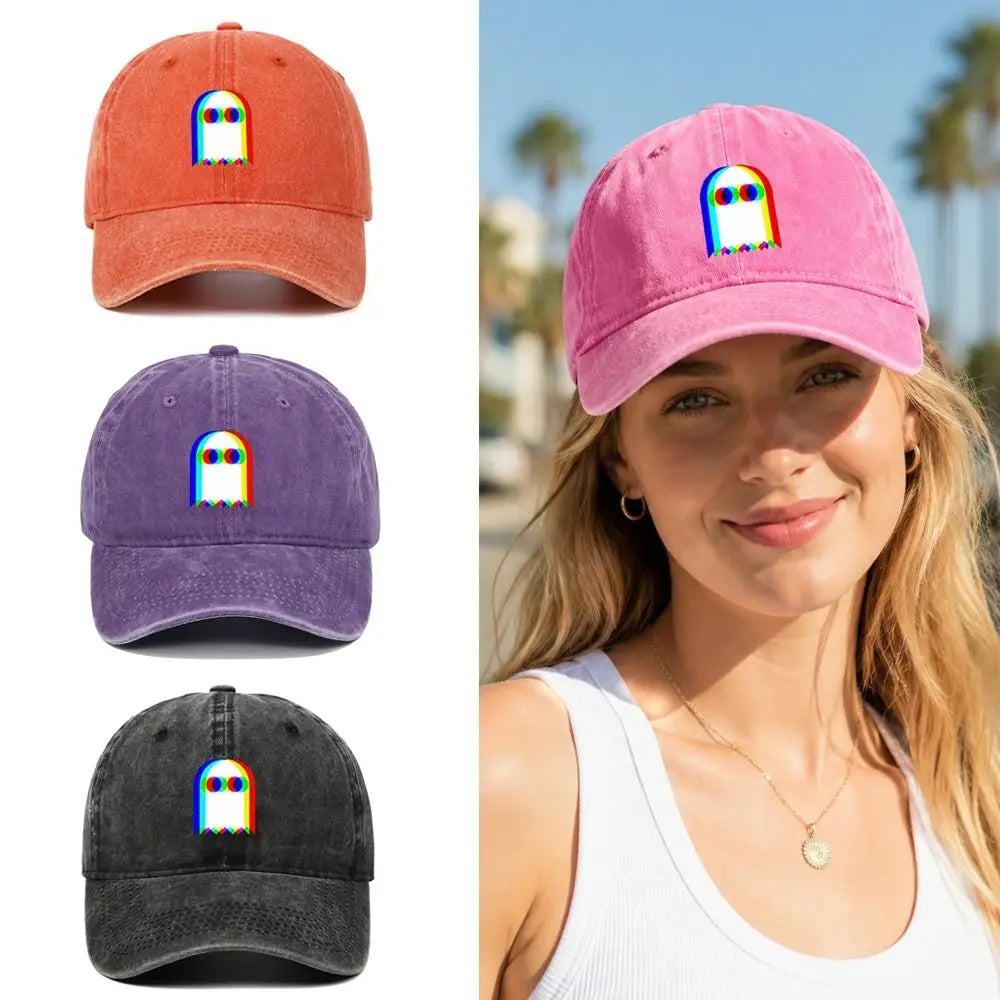 Retro Rainbow Ghost Print Washed Baseball Cap