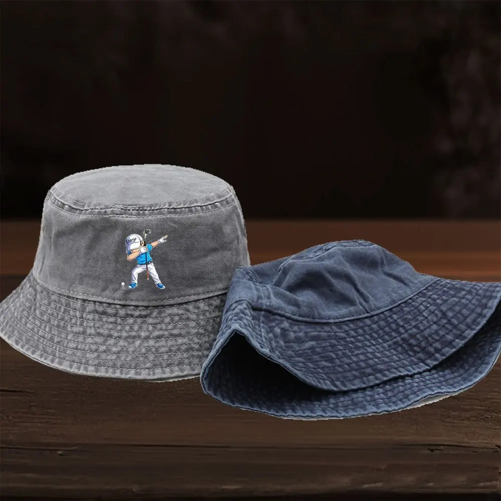A Limited Edition Washed Bucket Hat Featuring a Cartoon Golf Figure Print Design