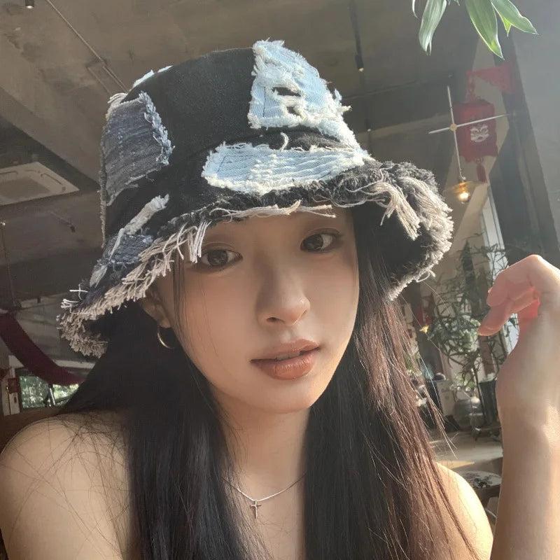 Fashion Niche Japanese Raw Edge Splicing Patch Denim Bucket Hat