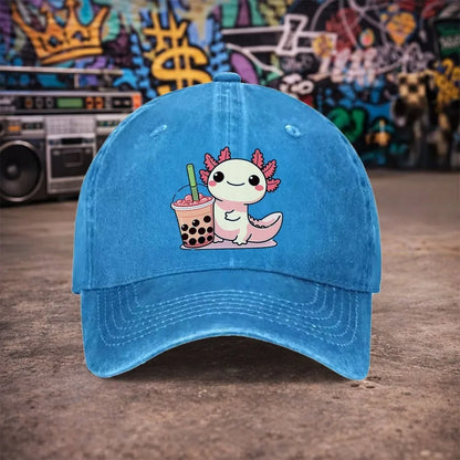Cute Axolotl Bubble Tea Vintage Washed Baseball Cap