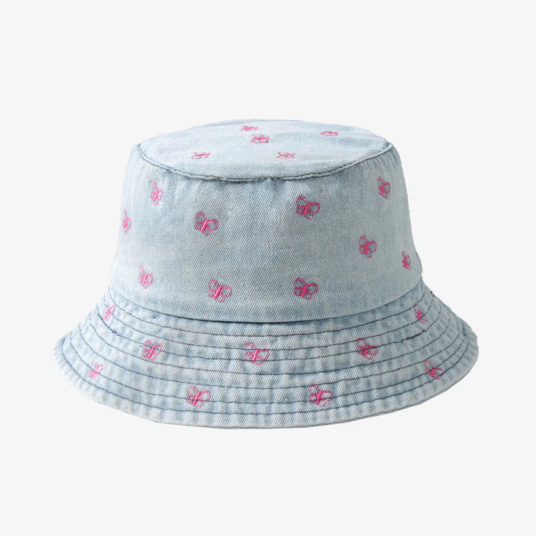 New Summer Hat For Women Denim Bucket Hat Embroidery Heart Butterfly Daisy