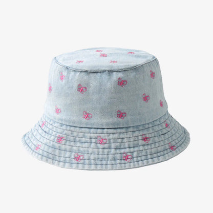 New Summer Hat For Women Denim Bucket Hat Embroidery Heart Butterfly Daisy