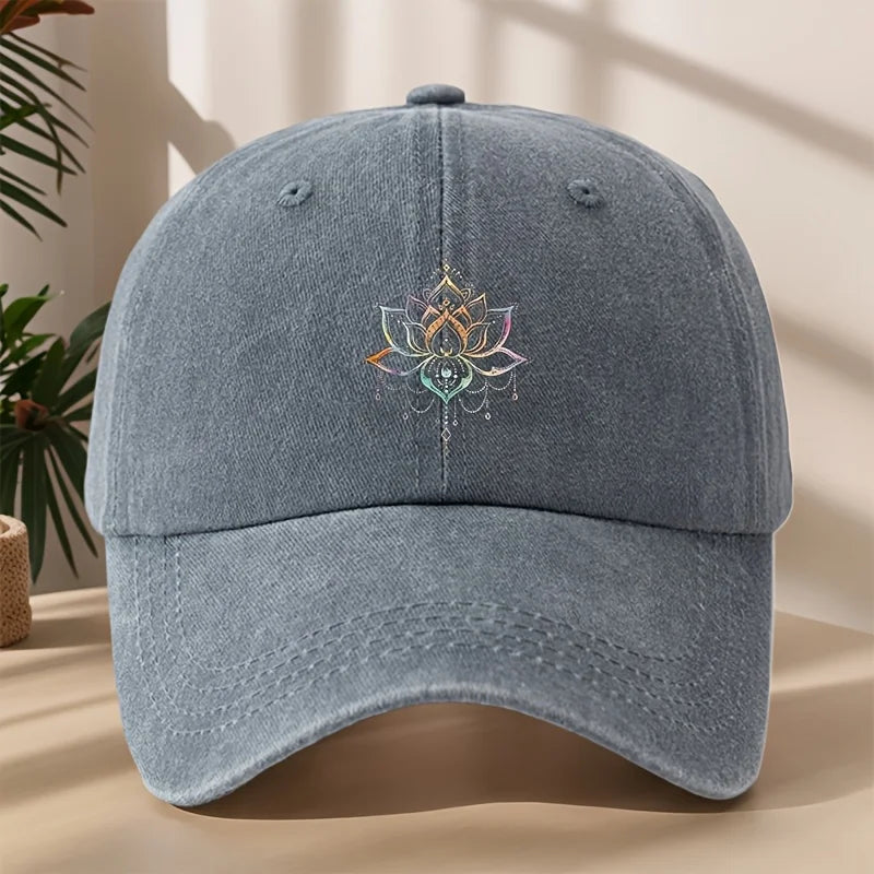 Vintage Versatile Cartoon Lotus Print Washed Vintage Soft Top Sunshade Baseball Cap