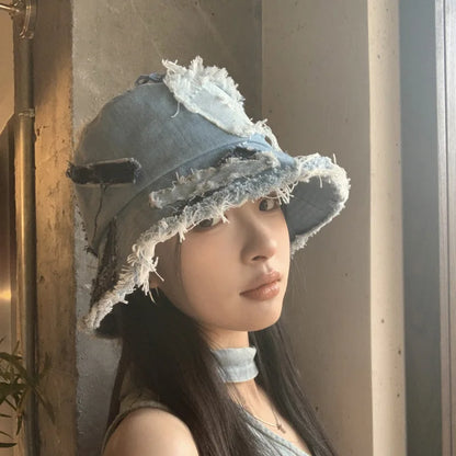 Fashion Niche Japanese Raw Edge Splicing Patch Denim Bucket Hat