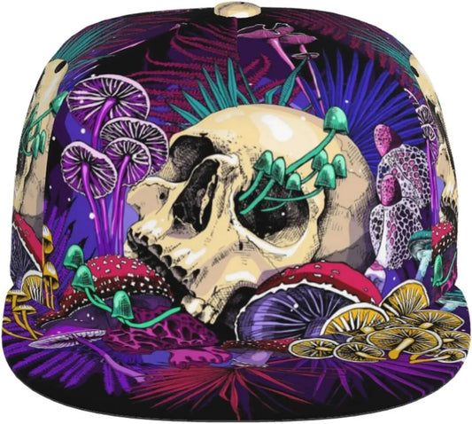 Mushrooms And Skull Flat Bill Visor Snapback Hat For Men Women