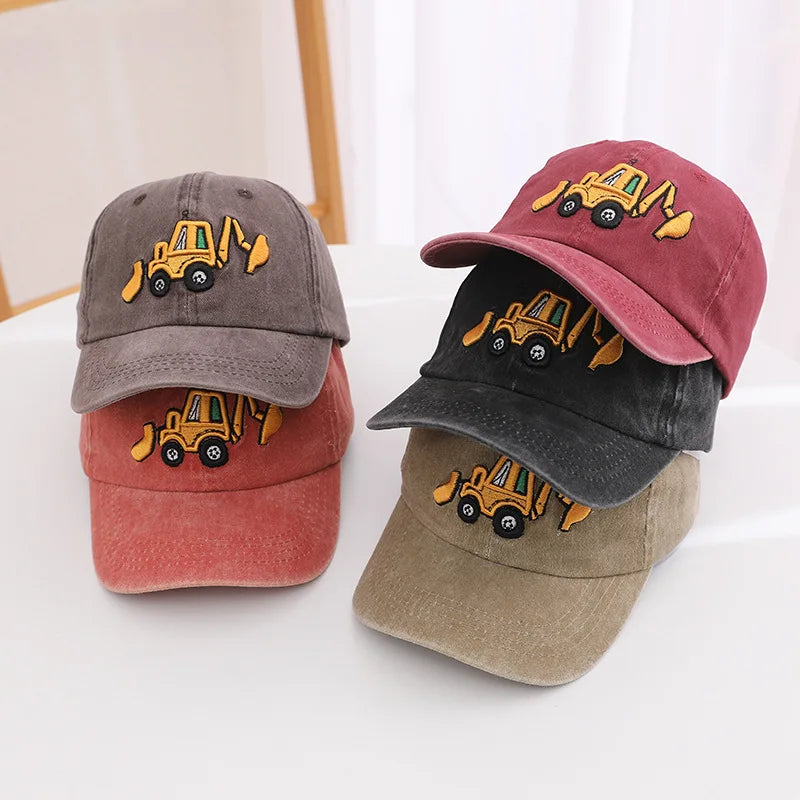 School Kids Baseball Hats Bulldozer Excavator Embroidered Boys