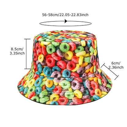 Donut Pattern Bucket Hat Cartoon Graffiti Printing Fisherman Hats Double Sided Panama Cap Men Women