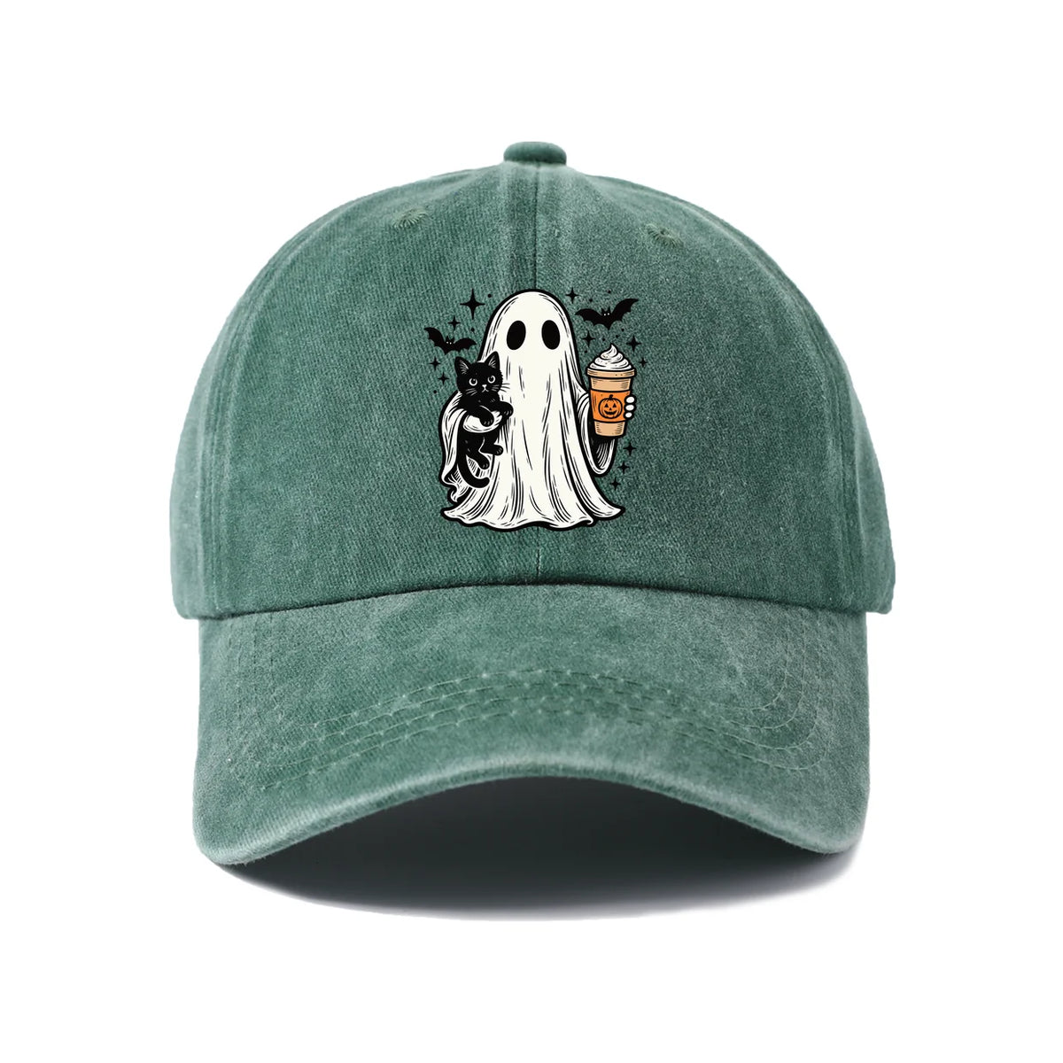 Vintage Washed Ghost Black Cat Coffee Graphic Baseball Cap