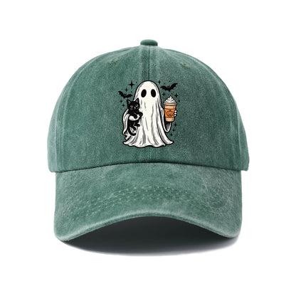 Vintage Washed Ghost Black Cat Coffee Graphic Baseball Cap