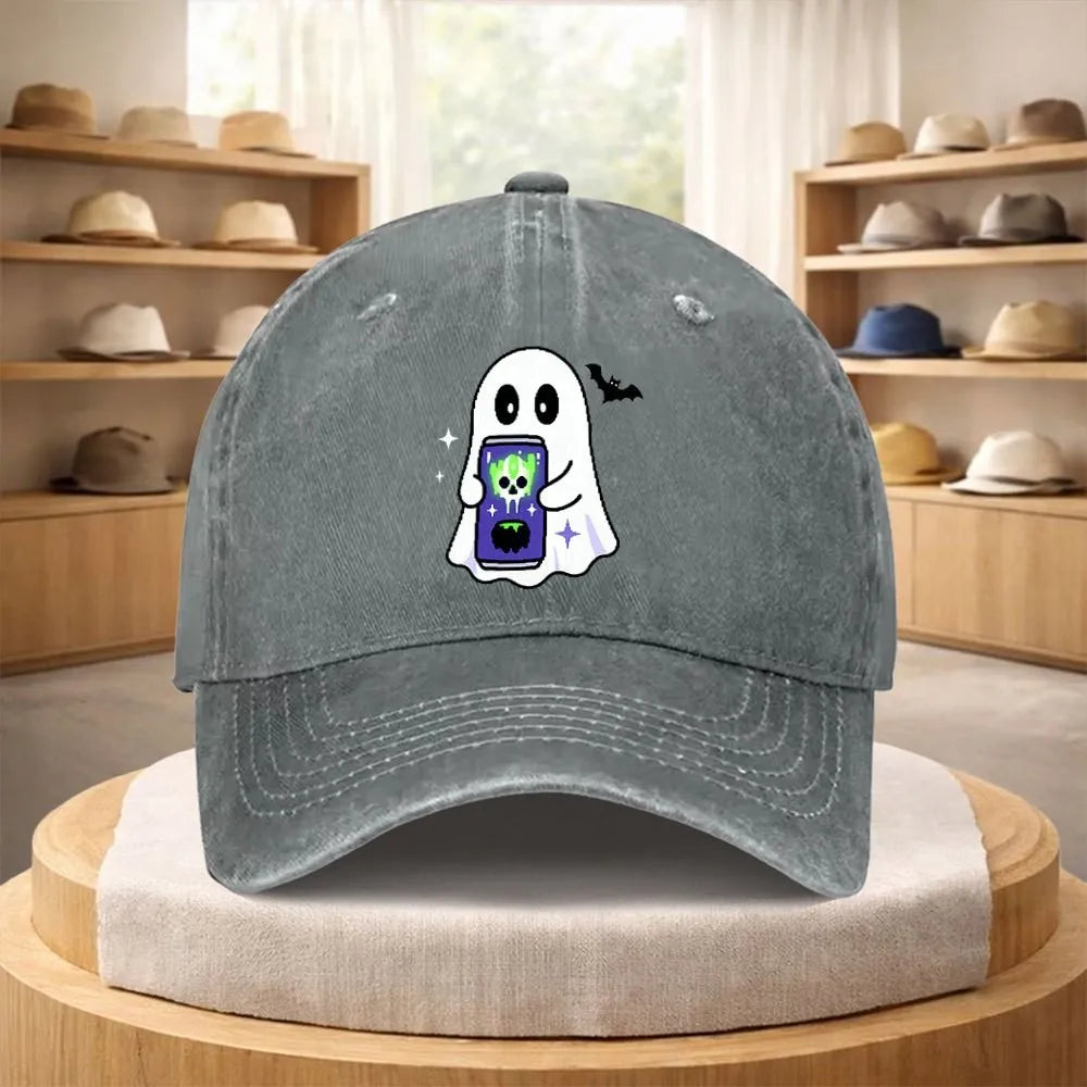 Ghost Holding Phone Print Washed Denim Baseball Cap