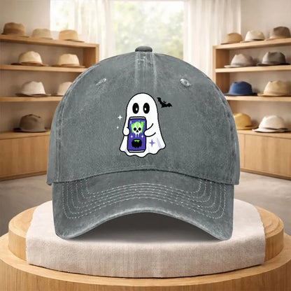 Ghost Holding Phone Print Washed Denim Baseball Cap