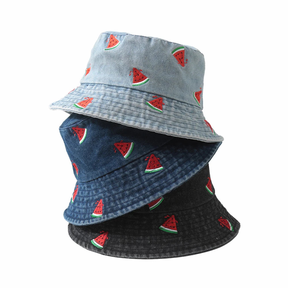 Emboridery Denim Bucket Hat Summer Travel Beach Sun Hats  for Women Men