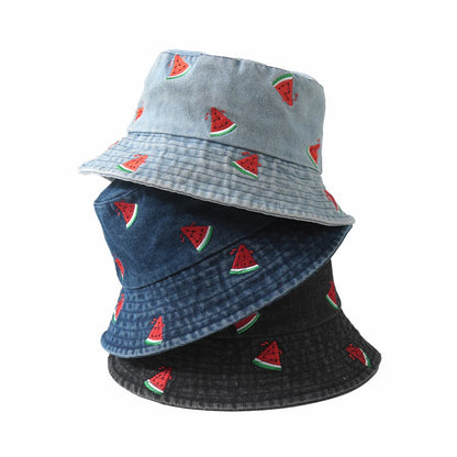 Emboridery Denim Bucket Hat Summer Travel Beach Sun Hats  for Women Men