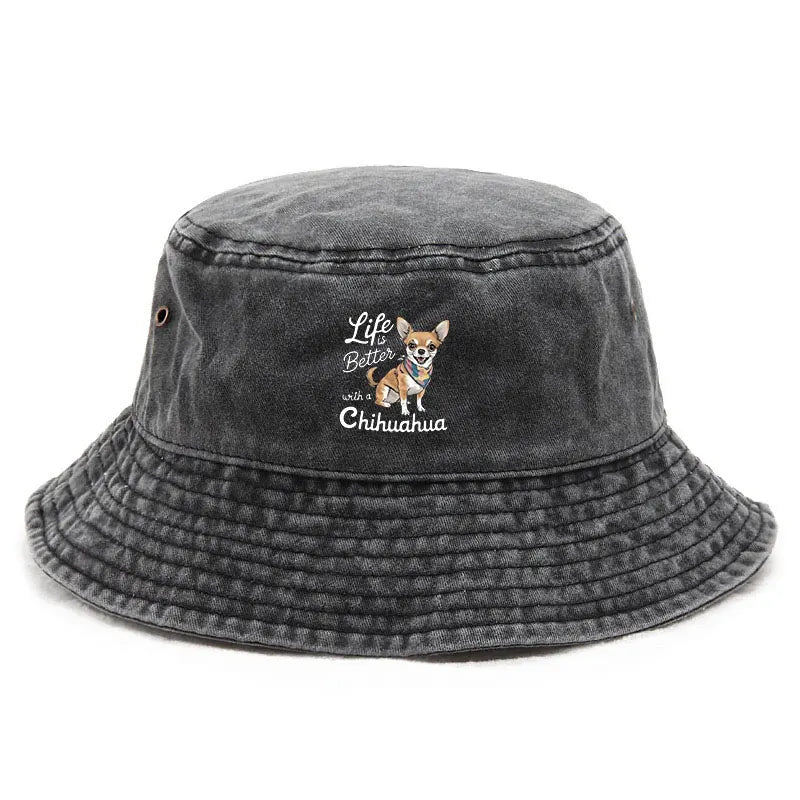 Chihuahua Lover Washed Bucket Hat Vintage Cute Dog Pattern Distressed Cotton