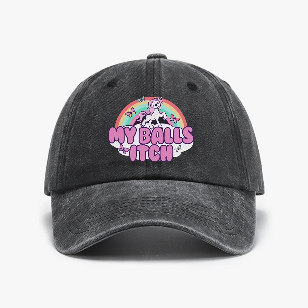 Funny Meme Hat My Balls Itch Ironic Unicorn Rainbow Offensive Baseball Cap