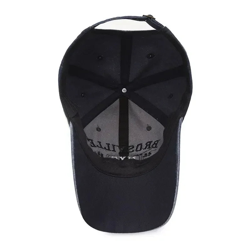 Four Seasons Men Baseball Cap Casual Distressed Cotton Letter Embroidered Cap Bent Brim Dome